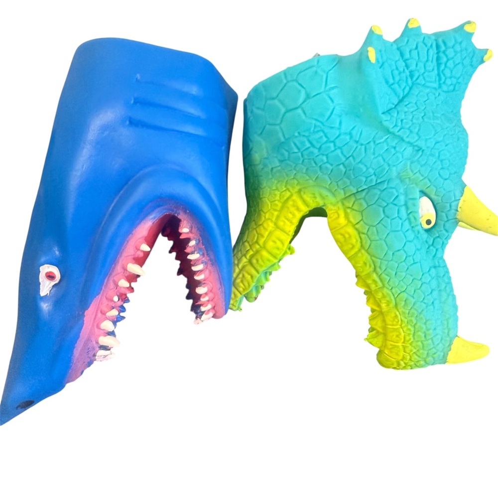 Blue and Green Dinosaur and Shark Hand Puppets Lot of 2 Realististic‎